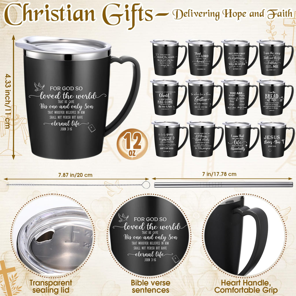 Widecook 12 Pcs Christian Coffee Mugs with Lid and Straw Bible Verse Mother's Day Religious Gifts Tumbler 12 oz Stainless Steel Insulated Inspirational Tumbler for Church Women Men(Black)