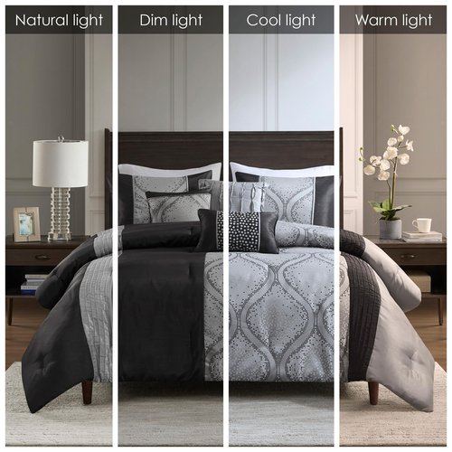 Madison Park Queen Comforter Set Jacquard Comforters for Queen Size Bed, Ogee Print, Pleated Trims, All Season Luxurious Comforters Queen Size Bedding Set, Lori, Full/Queen Black/Silver 6 Piece