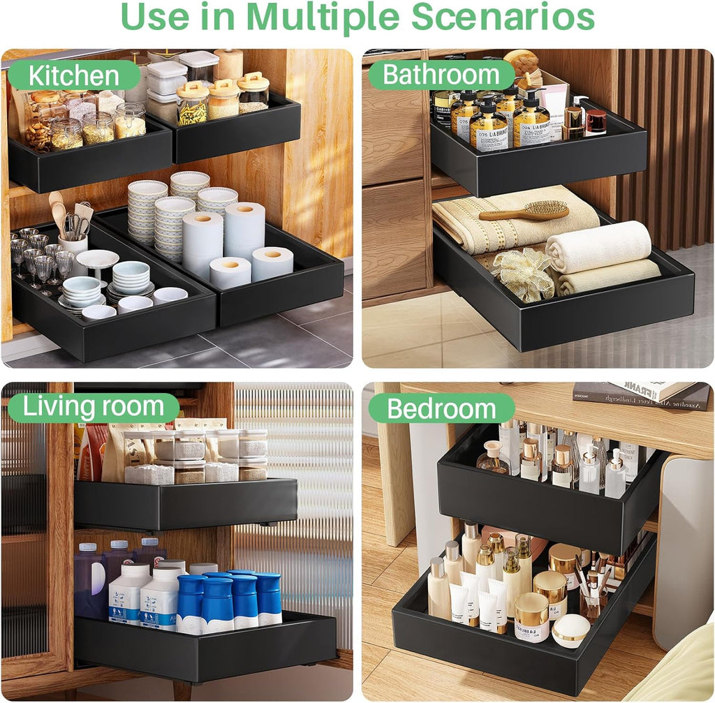 Skiennix Pull-Out Cabinet Organizer - 21" Deep Heavy-Duty Slide-Out Drawers for Kitchen & Bathroom - Black