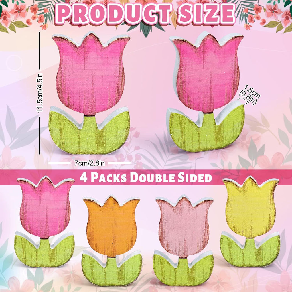 Whaline 4Pcs Spring Tulips Wood Signs - Rustic Floral Table Decor for Farmhouse Centerpieces