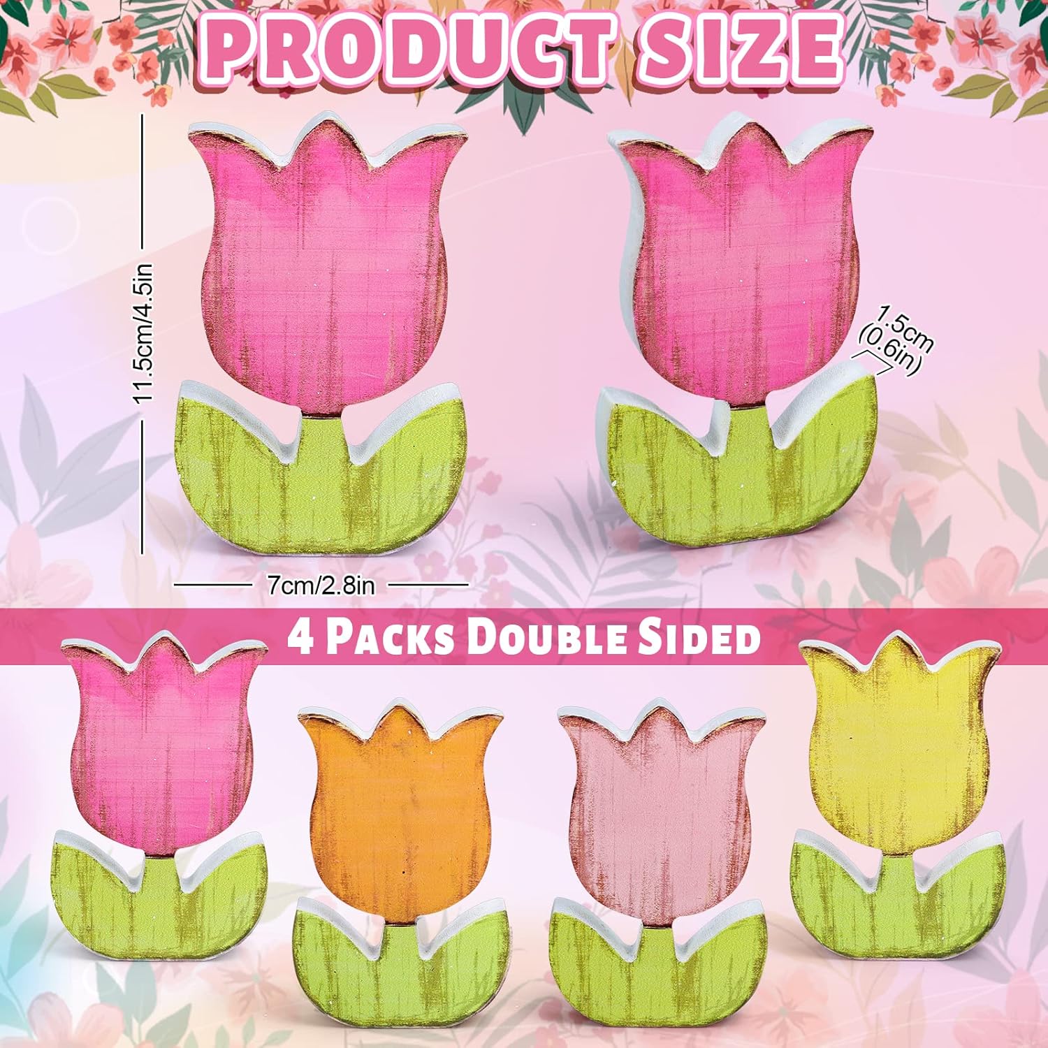 Whaline 4Pcs Spring Tulips Wood Signs - Rustic Floral Table Decor for Farmhouse Centerpieces