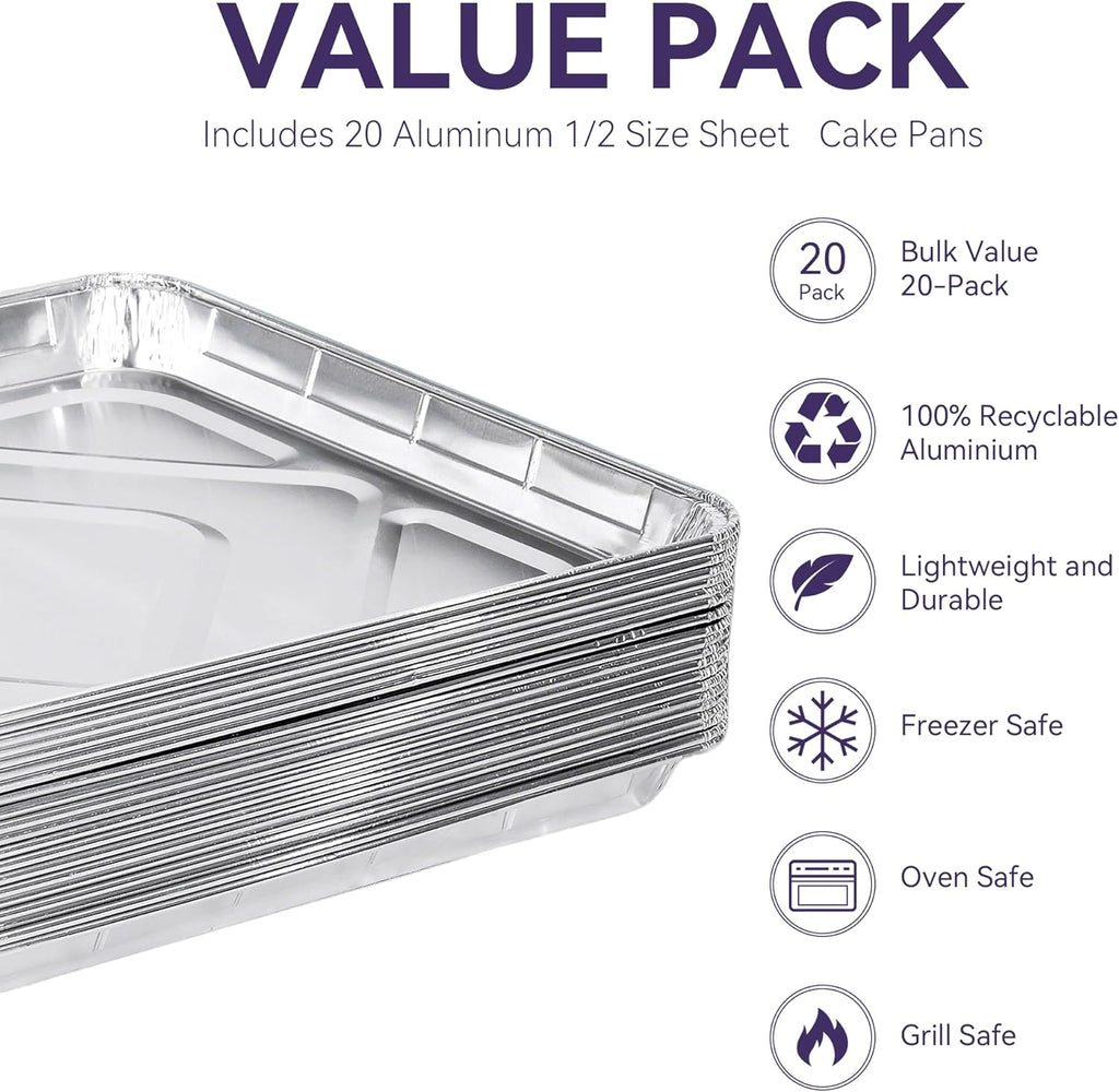 Aluminum Foil Pans - Disposable 1/2 Size Sheet Cookie Cake Trays | 17x13 Inch, 20 Pack for Baking & Grilling