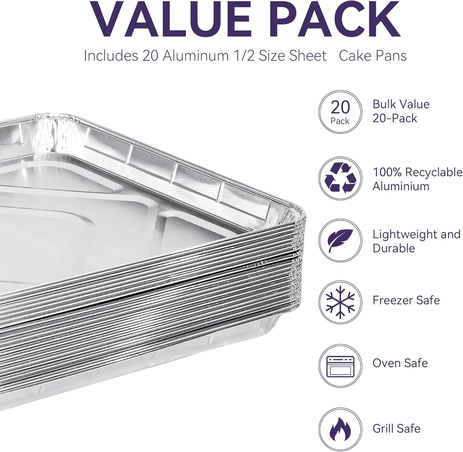 Aluminum Foil Pans - Disposable 1/2 Size Sheet Cookie Cake Trays | 17x13 Inch, 20 Pack for Baking & Grilling
