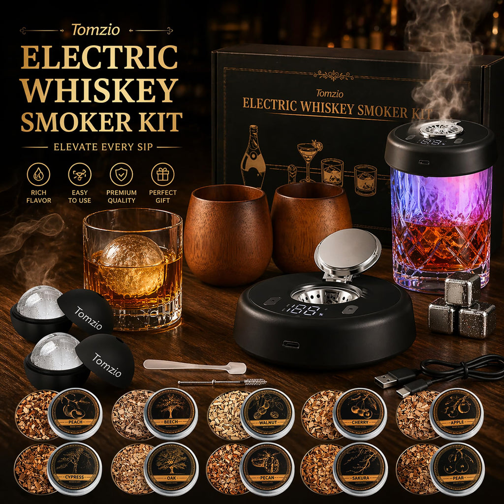 Electric Whiskey Smoker Kit, Torch-Free Rechargeable Cocktail Smoker with 7 Color Lights, All-in-1 Gift Set with 2 Wooden Whiskey Glasses, 10 Wood Chips, Ice Molds & Steel Cubes for Men, Dad