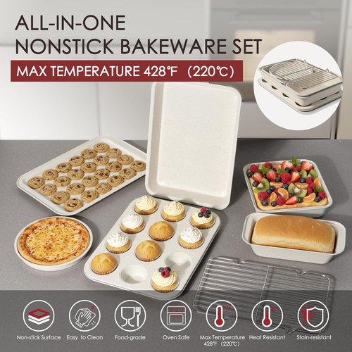 Kikcoin Nonstick Pots and Pans Set - 31 Piece Kitchen Cookware Set with Grill Pan & Utensils | Cream White