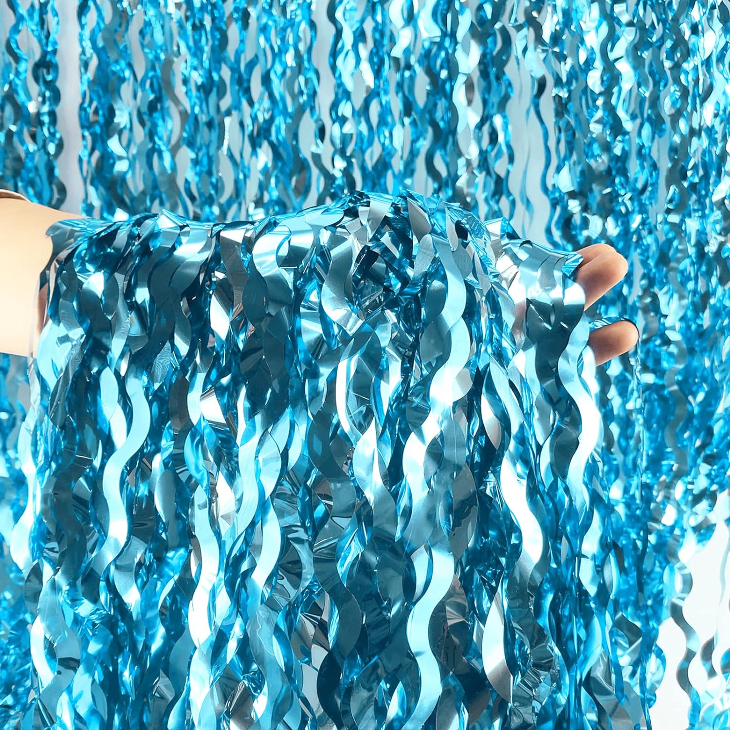 Skiennix Wavy Tinsel Foil Fringe Curtains - Teal Blue Streamers Backdrop for Ocean Themed Parties | 2 Pack, 3.2 ft x 6.6 ft