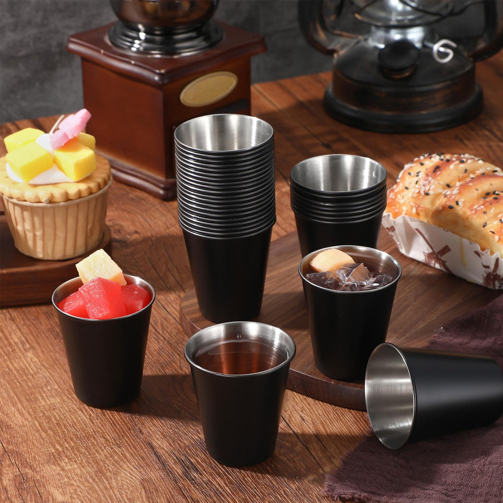Lallisa 100 Pcs 2 oz Stainless Steel Shot Glasses Metal Cups Small Unbreakable Shot Glass for Espresso Whiskey Bar Home Restaurant Camping Barware Gift (Black)