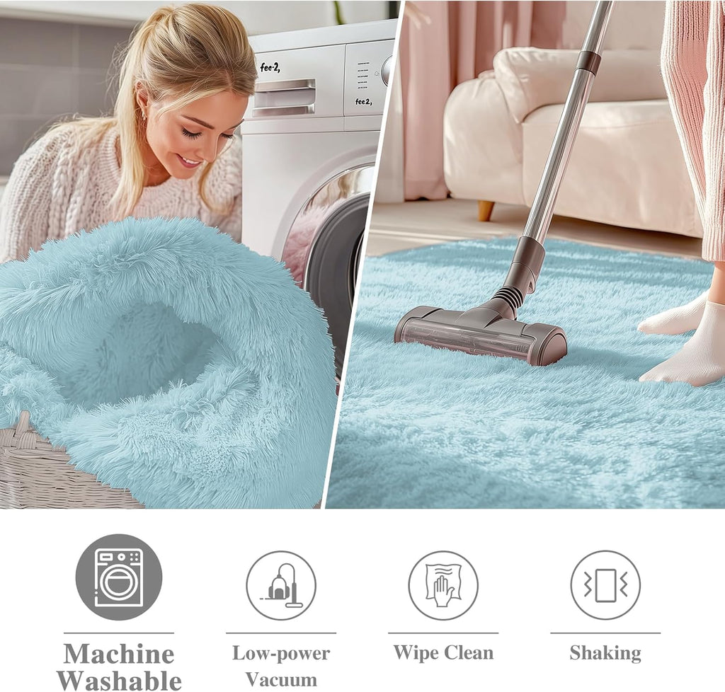 OLANLY Light Blue Round Rug - Soft, Fluffy Shaggy Carpet for Bedroom & Living Room | 2 ft Machine Washable