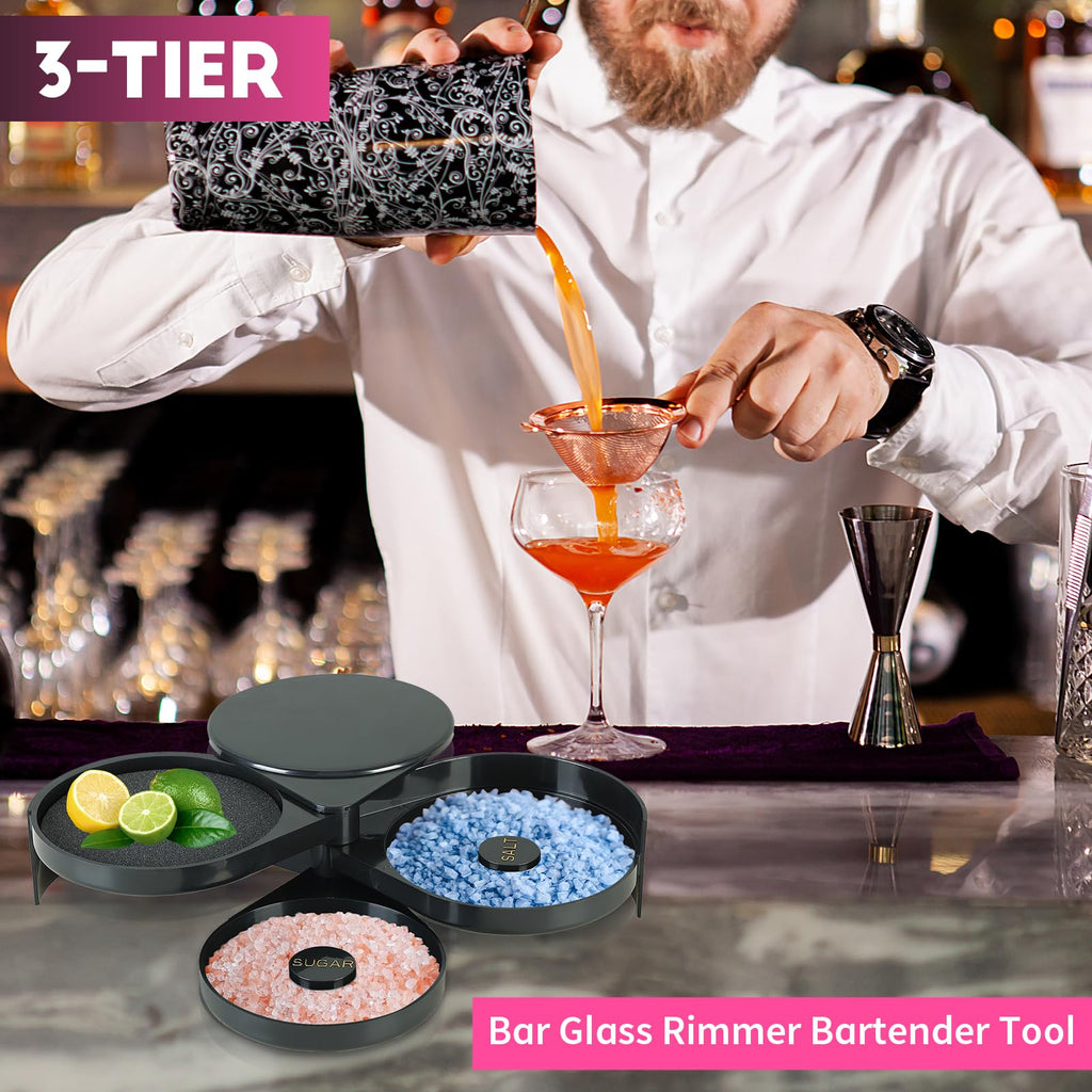 FLKQC 3-Tier Bar Glass Rimmer Bartender Tool, Margarita Salt Rimmer Set, Salt Rimmer for Cocktails, 3-Tray Salt Box Spice Container, Bar Cocktail Tool