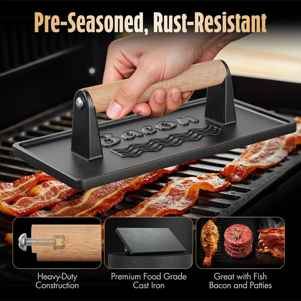 Pisol Bacon Press Smash Burger Press, Pre-Seasoned Cast Iron Hamburger, 2 lb Heavy-Duty Grill Bacon Meat Press Tool with Wood Handle