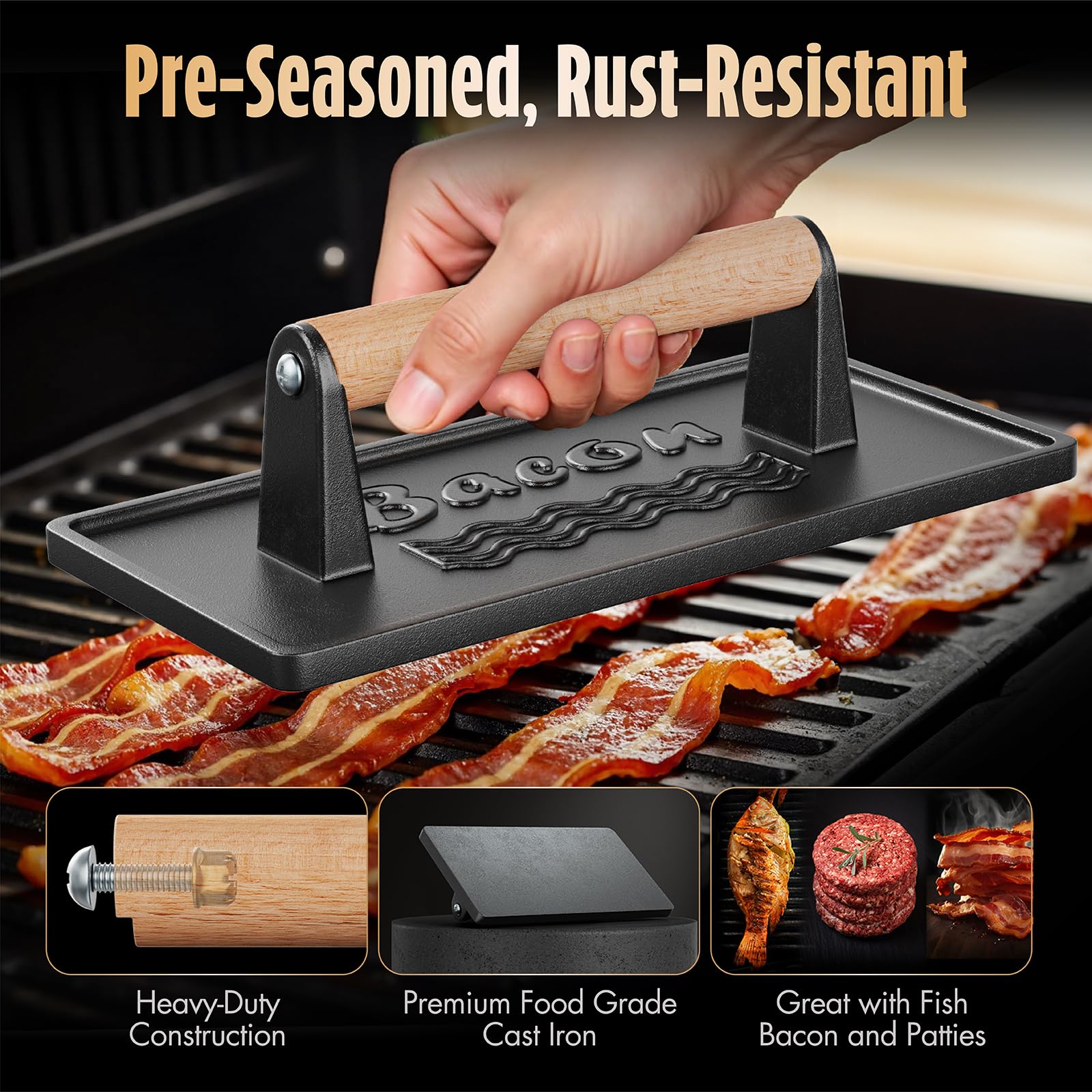 Pisol Bacon Press Smash Burger Press, Pre-Seasoned Cast Iron Hamburger, 2 lb Heavy-Duty Grill Bacon Meat Press Tool with Wood Handle
