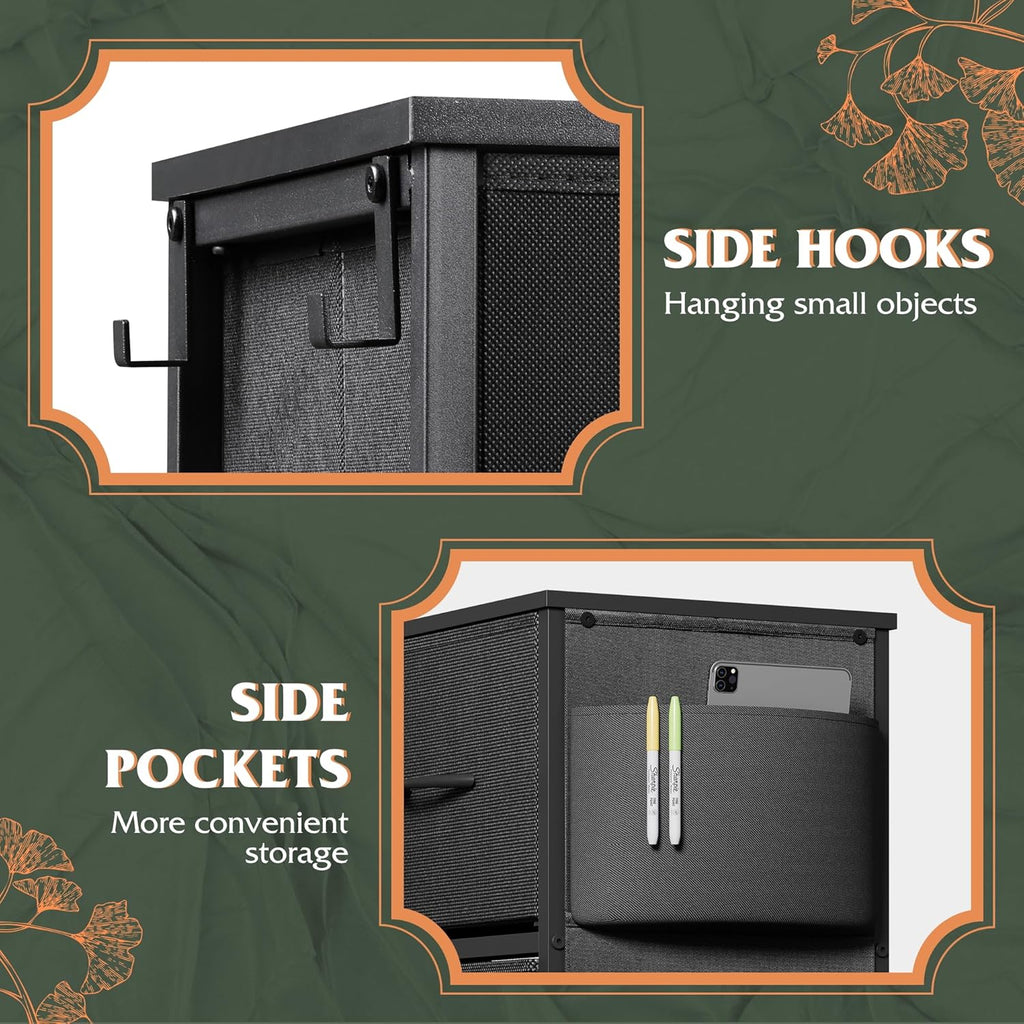 WLIVE Dresser - 10 Drawer Fabric Chest with Side Pockets & Hooks | Sturdy Metal Frame, Black