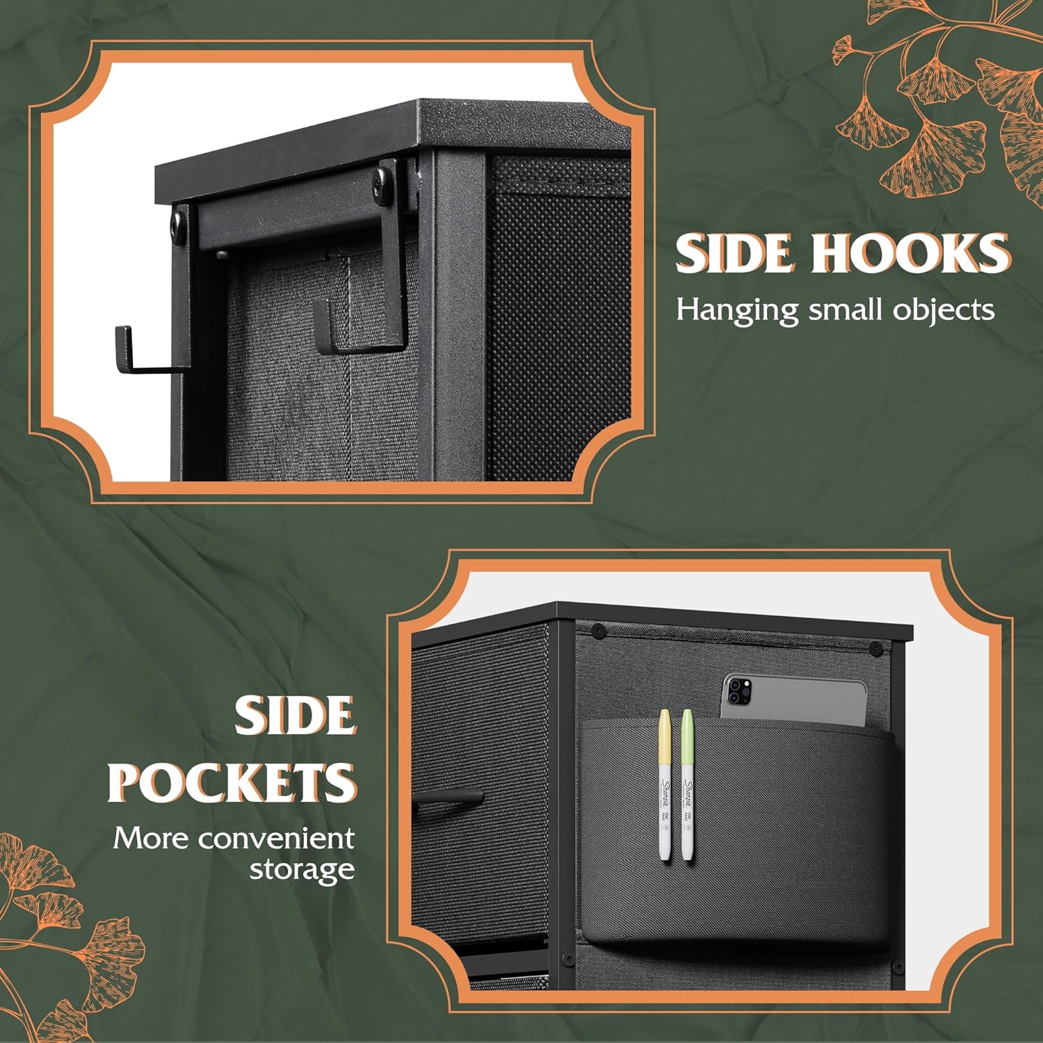 WLIVE Dresser - 10 Drawer Fabric Chest with Side Pockets & Hooks | Sturdy Metal Frame, Black