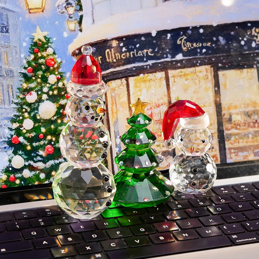 QFkris Crystal Snowman & Tree Figurines Set - Elegant Christmas Decor | Small Glass Paperweights