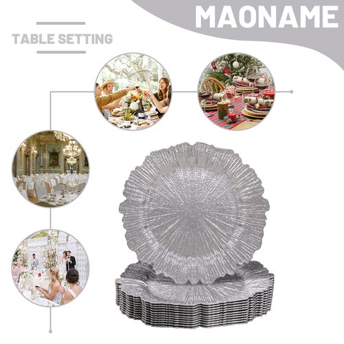 MAONAME Silver Charger Plates Set of 12, Reef Plate Chargers for Dinner Plate, Plastic Decorative Plates for Table Setting, Thanksgiving, Christmas