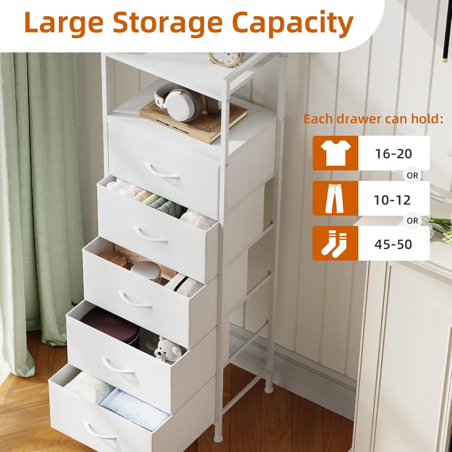 Somdot Tall Dresser - 5-Drawer Vertical Storage Tower Unit for Bedroom & Kids Room - White Leather