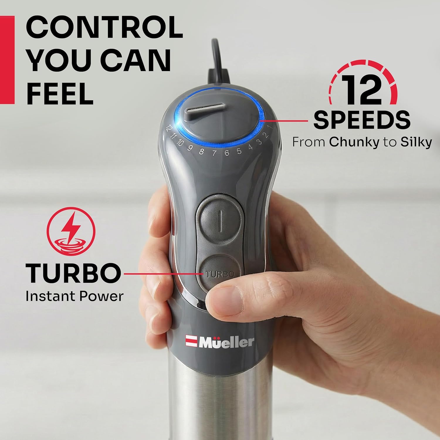 Mueller Multistick 5-in-1 Immersion Blender - 12-Speed Hand Mixer with Turbo Boost & Titanium Blades - Grey