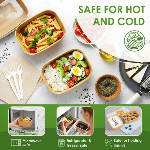 FEHHTO 50-Pack 30oz Meal Prep Containers Disposable Kraft Paper Bowls 【with Lids and Forks】, Compostable Large Heavy Duty To Go Food Containers, Microwave & Freezer Safe for Hot & Cold Foods