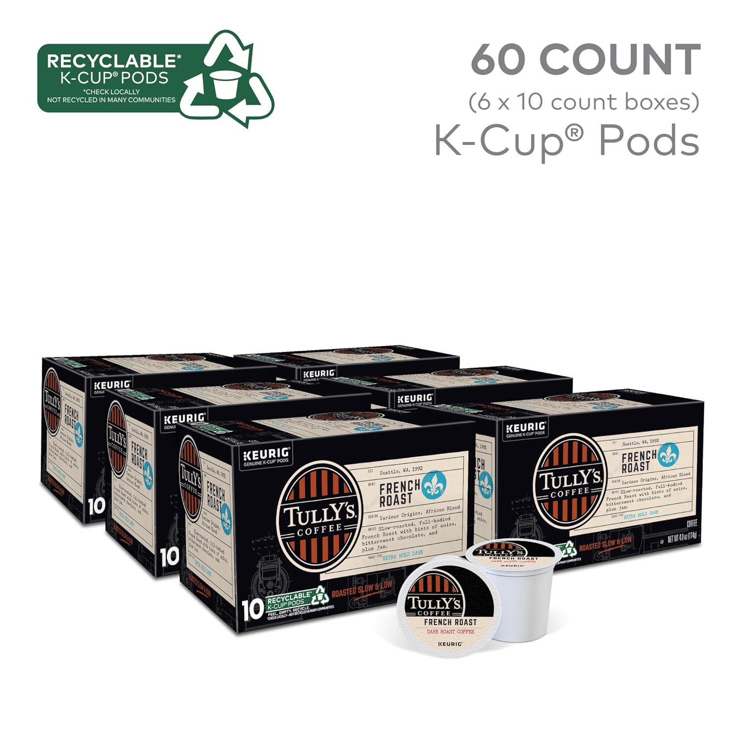 Tully's Coffee French Roast K-Cup Pods - Dark Roast Single Serve Coffee, 60 Count (6 Packs of 10)