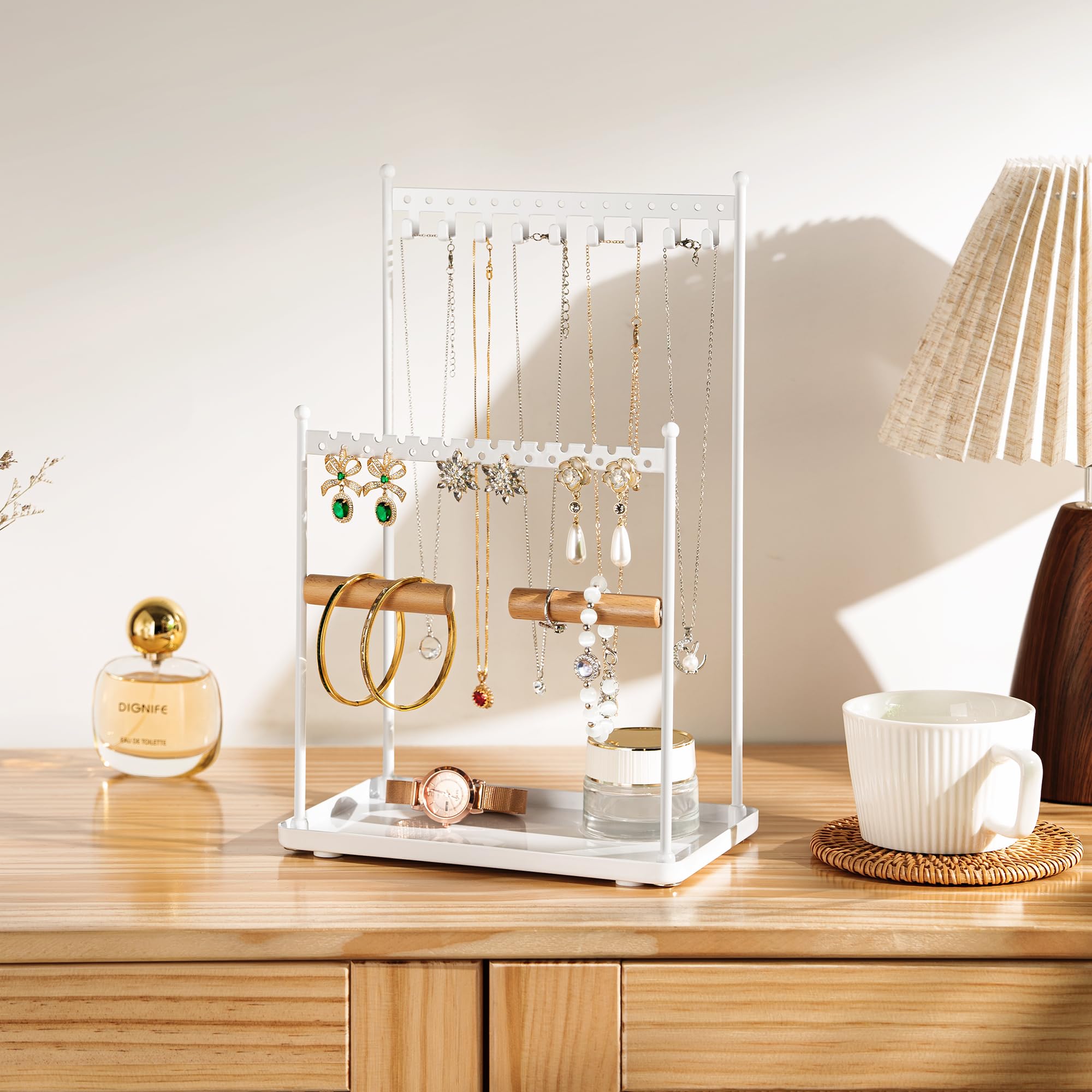 Josmimic 3 Tier white Jewelry Stand, Necklace Organizer, Earring Holder with 44 Holes and 9 Hooks, for Necklaces, Bracelets, Rings