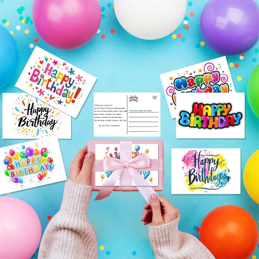 Pinovk 100 Pack Happy Birthday Postcards - Assortment Bulk Birthday Postcards Blank Happy Birthday Postcards 4x6 Inches, 10 Unique Designs, Ideal for Kids, Men, Women, and Elderly