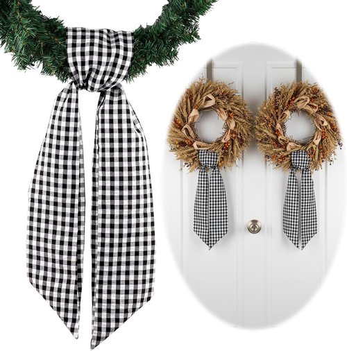 Elegant Wreath Sash by [Brand Name] - Black & White Checkered Plaid Bow Ribbon Bundle | 2 Pack (5.12" x 54.33") for Halloween & Wedding Decor