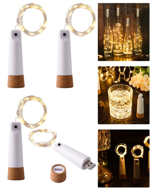 tuhood Wine Bottle Lights with Cork, 4 Pack 20 LEDs Rechargeable Multi-Light Mode Fairy Lights,for Halloween Decorations Indoor, Wedding Décor Warm