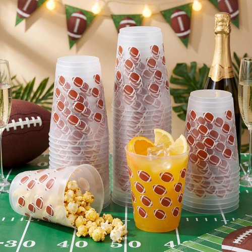 Tioncy 50 Pcs 16oz Football Frosted Plastic Cups, Football Plastic Cups, Clear PP Frosted Reusable Cup Bulk for Sports Game Party Decorations Hot Coffee Wine Cold Drinks Supplies