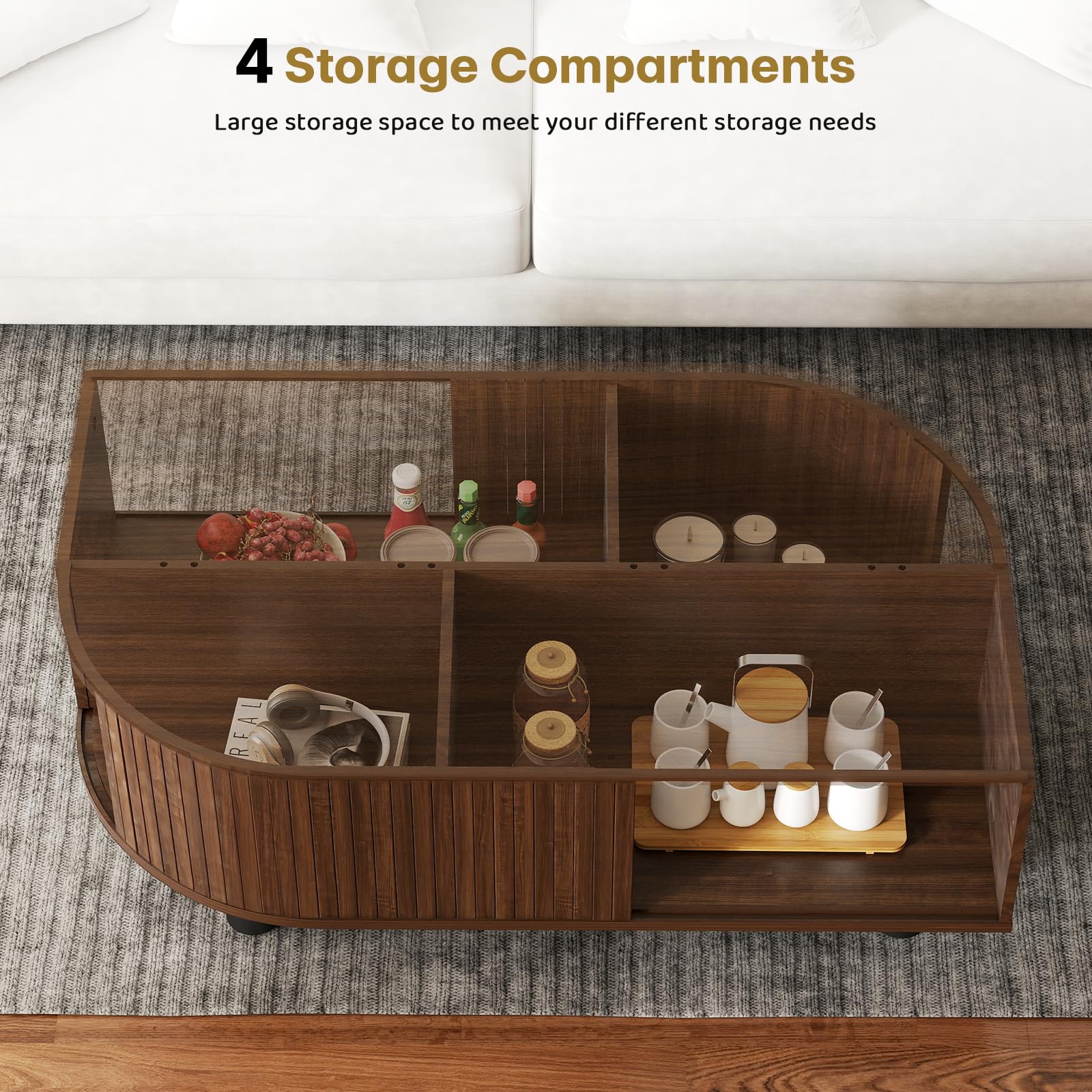 sunmiler Mid-Century Modern 39.4" Coffee Table - Leaf-Shaped Wood Center Table with Storage, Retro Fluted Central Table with Sliding Door for Living Room, Office, Walnut
