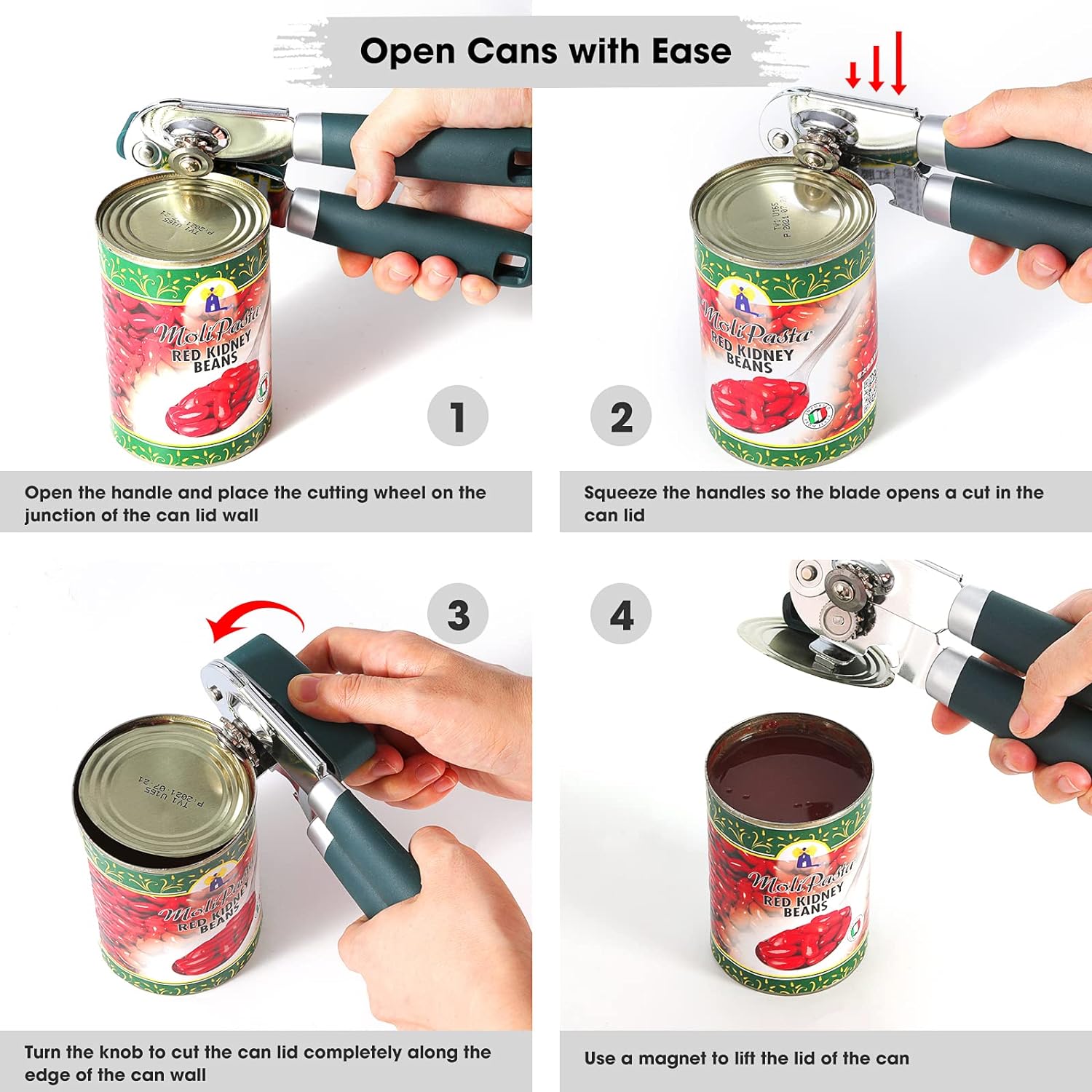 Beneno Manual Can Opener - Heavy Duty Carbon Steel Blade with Magnet & Soft Grip Handle | Green