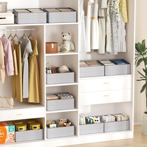 DIMJ Large Closet Shelf Organizer Bins - 6 Pack Fabric Trapezoid Storage Baskets with Handles | Grey