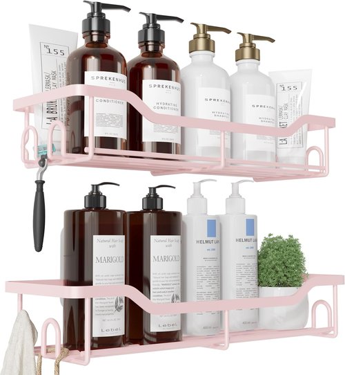 Kitsure Shower Caddy Large - No Drill Adhesive Organizer | Stainless Steel Shelf for Bathroom, 2 Pack, Pink