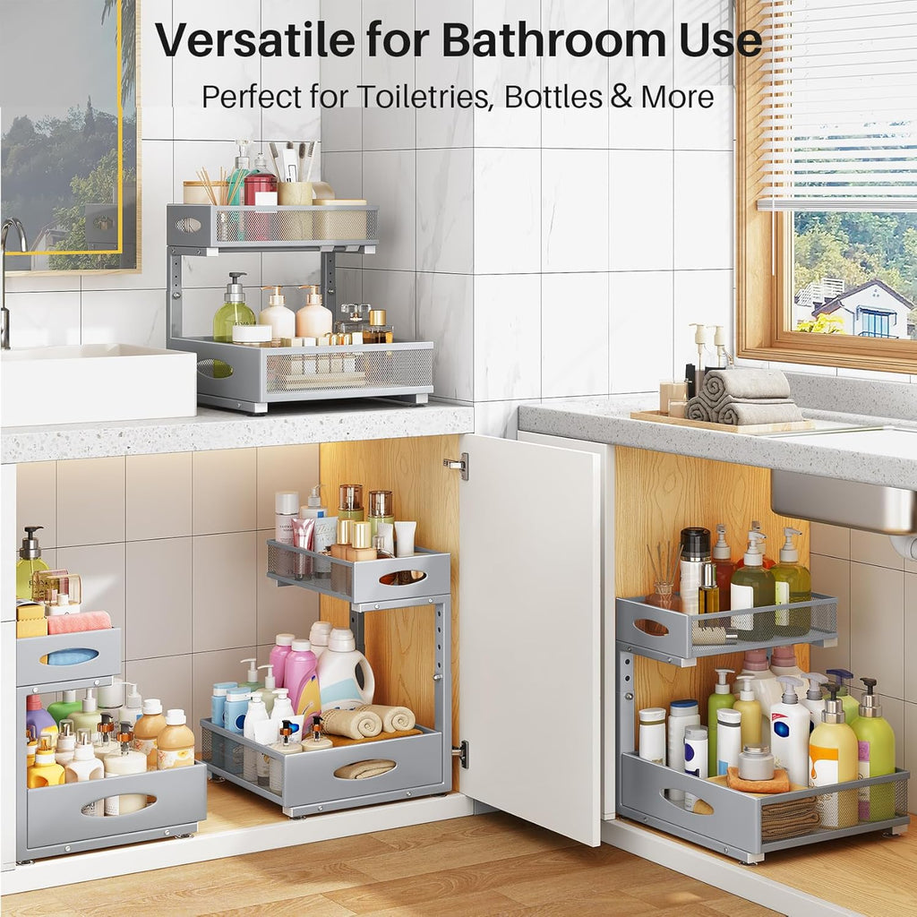 Under Sink Organizer by [Brand Name] - 2 Pack 2 Tier Pull Out Cabinet Storage with Mesh Drawers | Grey