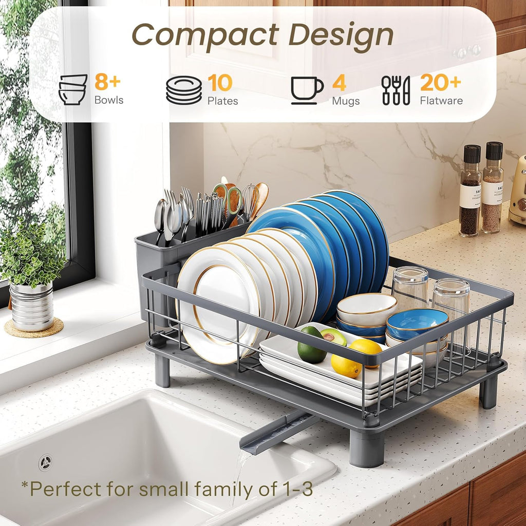 SNTD Dish Drying Rack - Stainless Steel Kitchen Counter Drainer with Utensil Holder | 11" W x 15" L (Grey)
