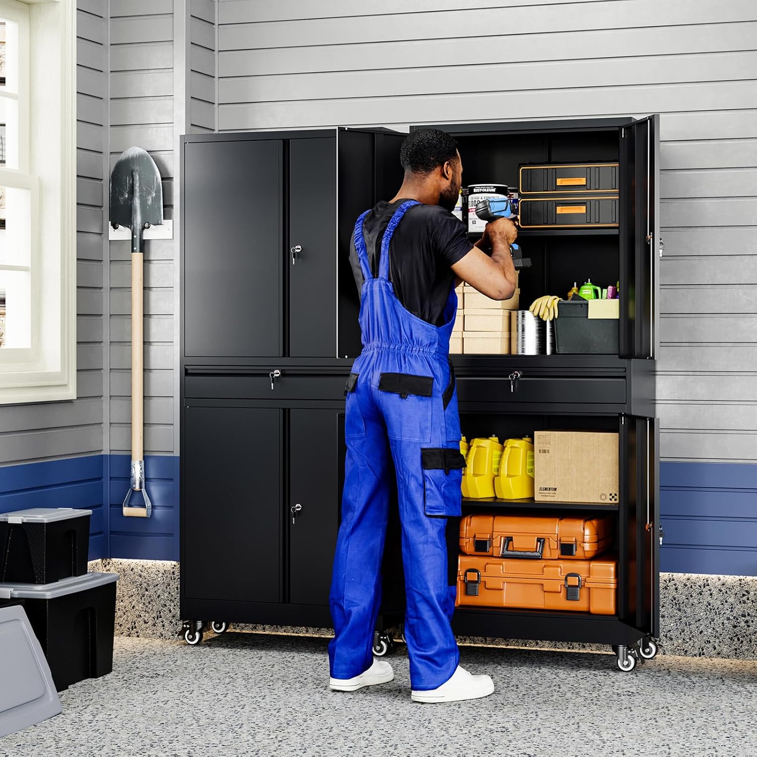 Yizosh Metal Garage Storage Cabinet - Locking Doors & Adjustable Shelves | 73" Rolling Tool Cabinet (Black)