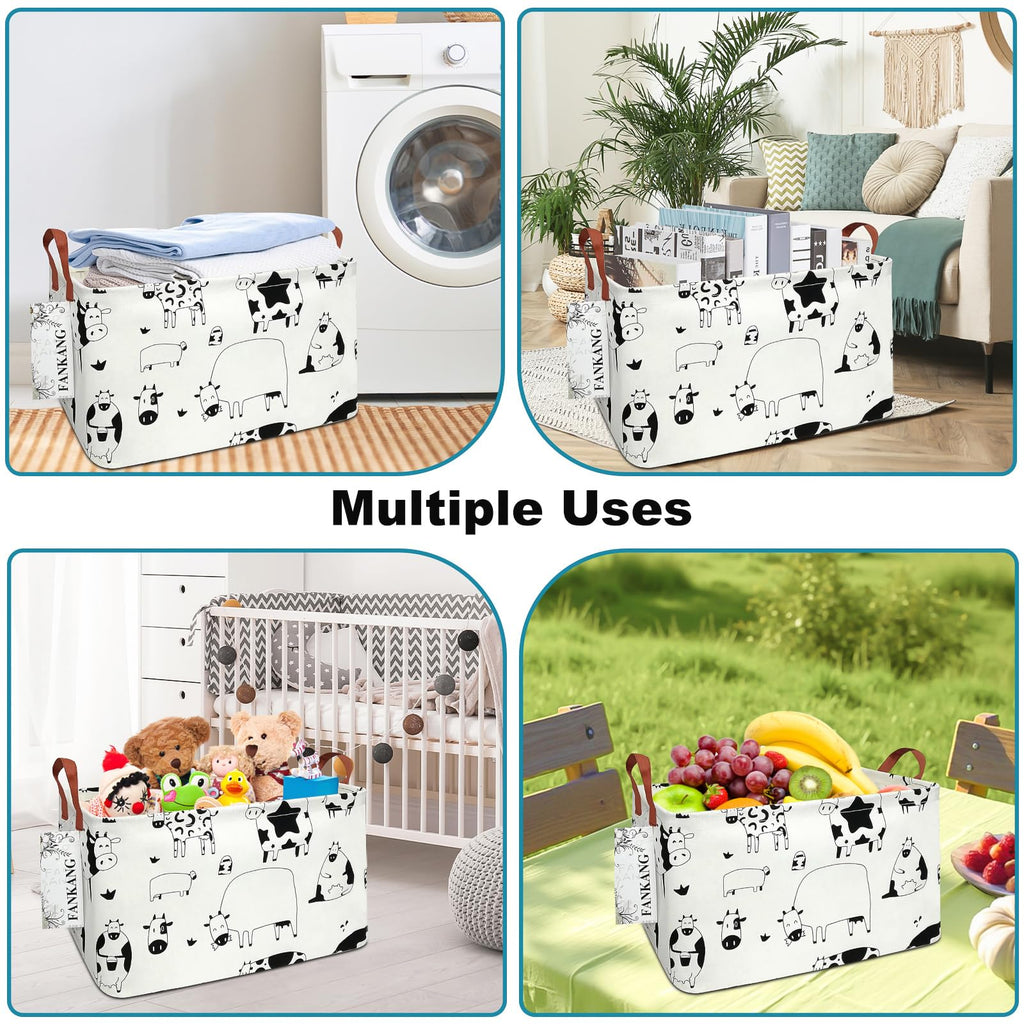FANKANG Storage Basket,Nursery Hamper Canvas Laundry Basket Foldable with Waterproof PE Coating Storage, Office, Bedroom, Clothes,Toys(L, Rec-cows)