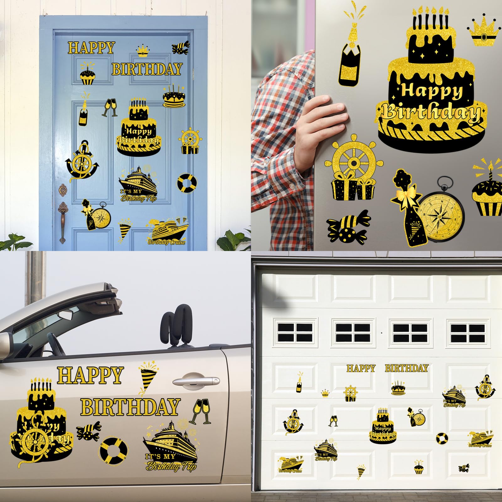 JarThenaAMCS Birthday Cruise Door Magnets Decoration Black Gold Happy Birthday Cruise Ship Magnetic Stickers for Cabin Ship Car Refrigerator Carnival Party Supplies, 16Pcs