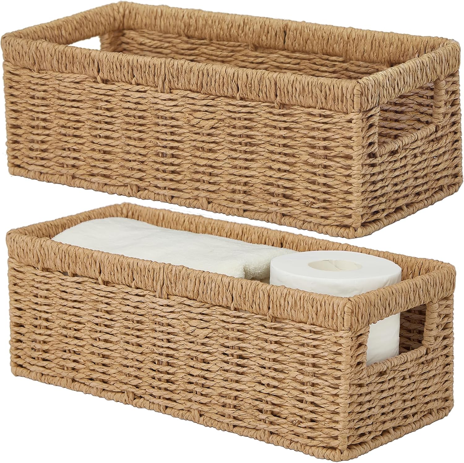 Vagusicc Wicker Storage Basket - Natural Paper Rope Baskets with Handles | 2-Pack for Organizing