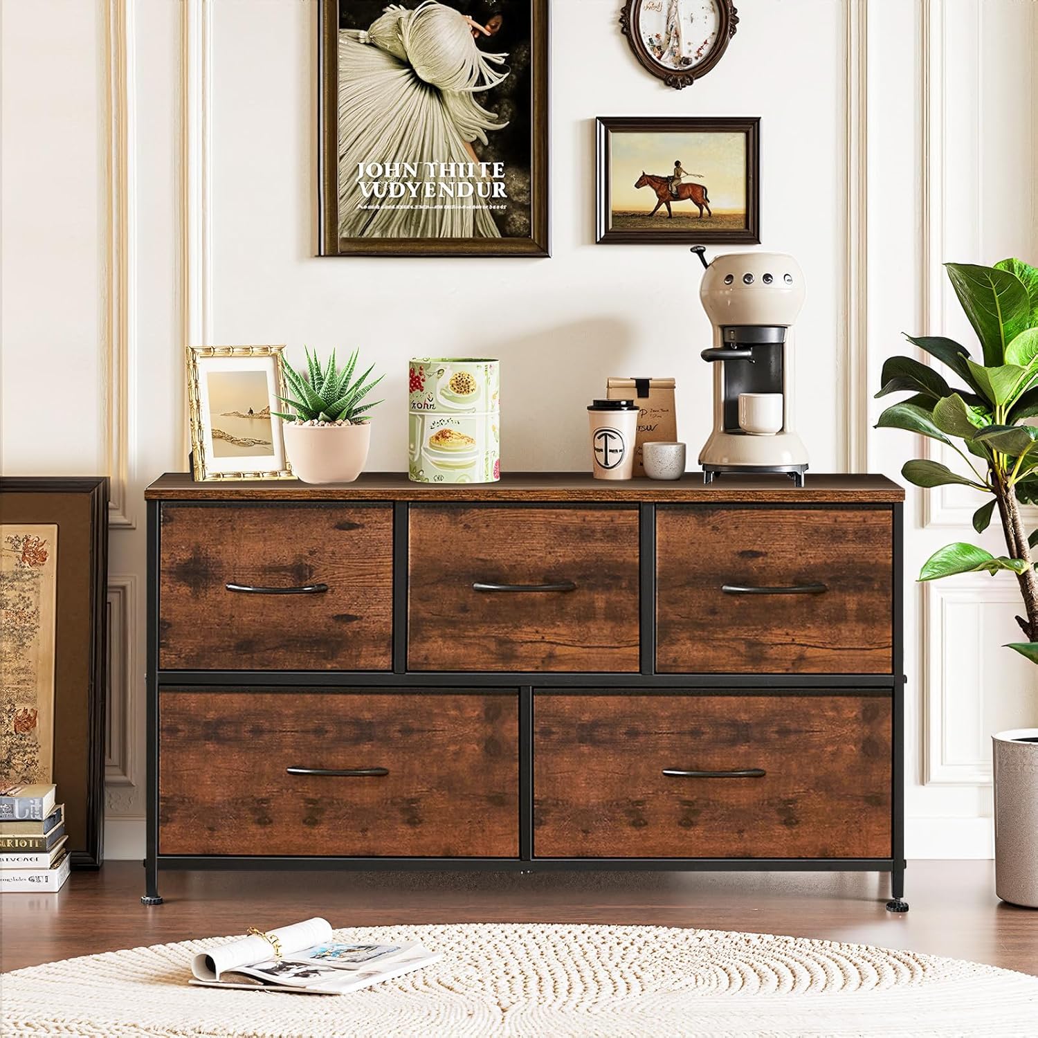 Regine Switzerland 5-Drawer Dresser - Anti-Tip Fabric Storage Organizer with Wooden Top | Brown Finish