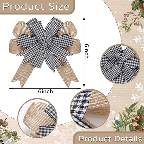Chuangdi Burlap Wreath Bows - Rustic Buffalo Plaid Decorative Bows for Front Door & DIY Crafts | 6 Pcs, 6.3 Inch Black & White