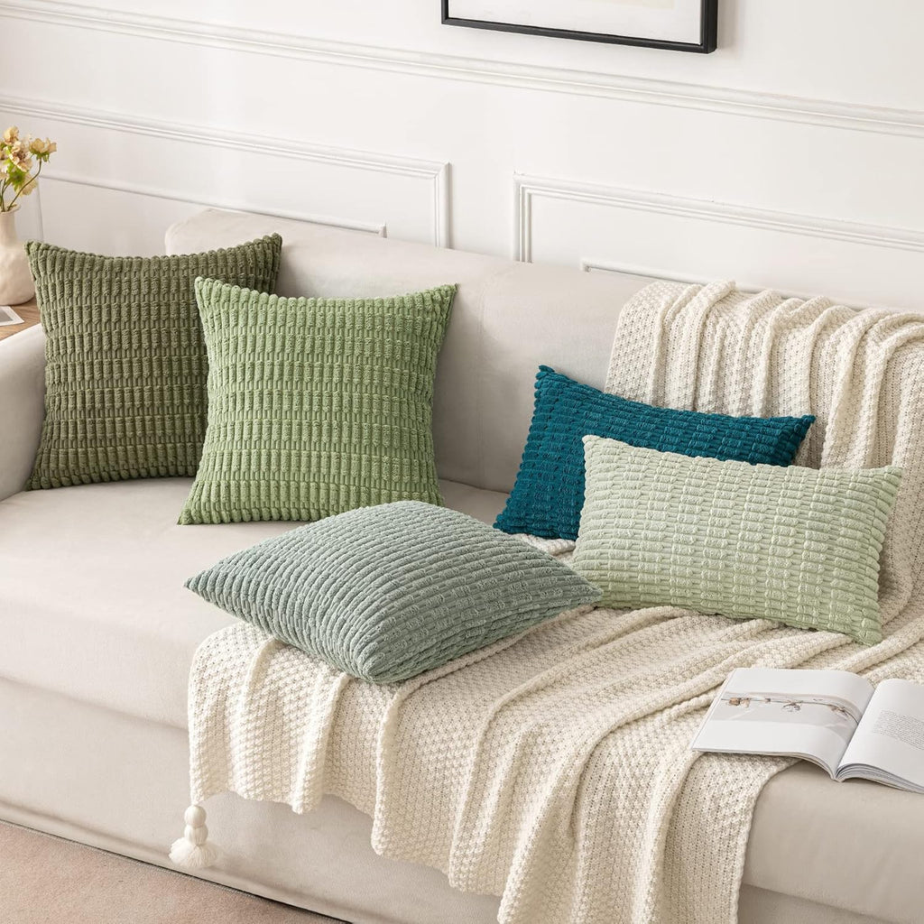 MIULEE Euro Sham Pillow Covers - Soft Boho Striped Corduroy | Pack of 2, 24x24 Inch, Greyish Green