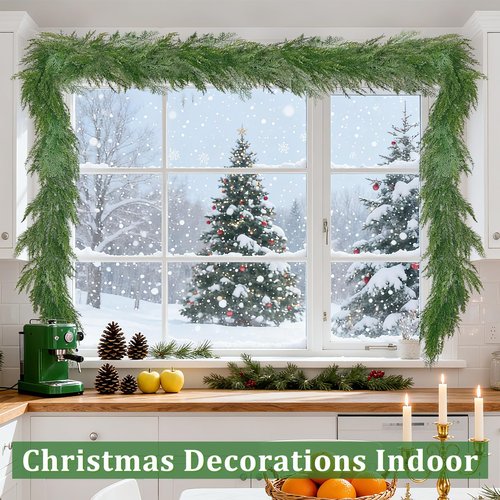 Christmas Cedar Garland, 6 Ft by 10 Inch Real Touch Soft and Thick Green Faux Pine Garland Artificial 40 Cedar 50 Cypress for Home Decor Fireplace Wall Indoor Outdoor Holiday Party Decorations