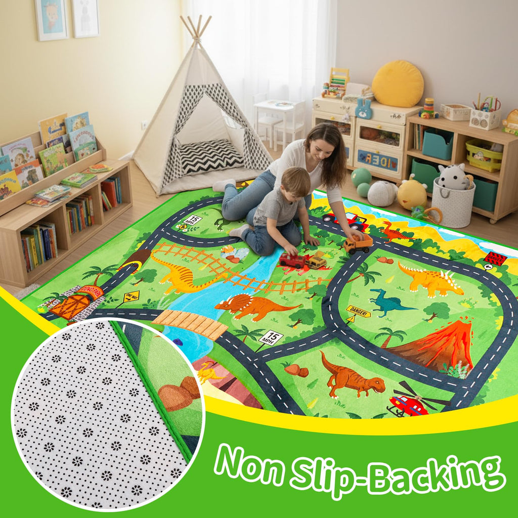 Car Rugs for Kids Toy,78.7"X59" Dinosaur Road Rugfor Kids,Non Slip Dino Safari Cars Track Rug,Washable Kids Carpet Playmat Rug for Playroom Bedroom Boys,Track Play Carpet for Kid