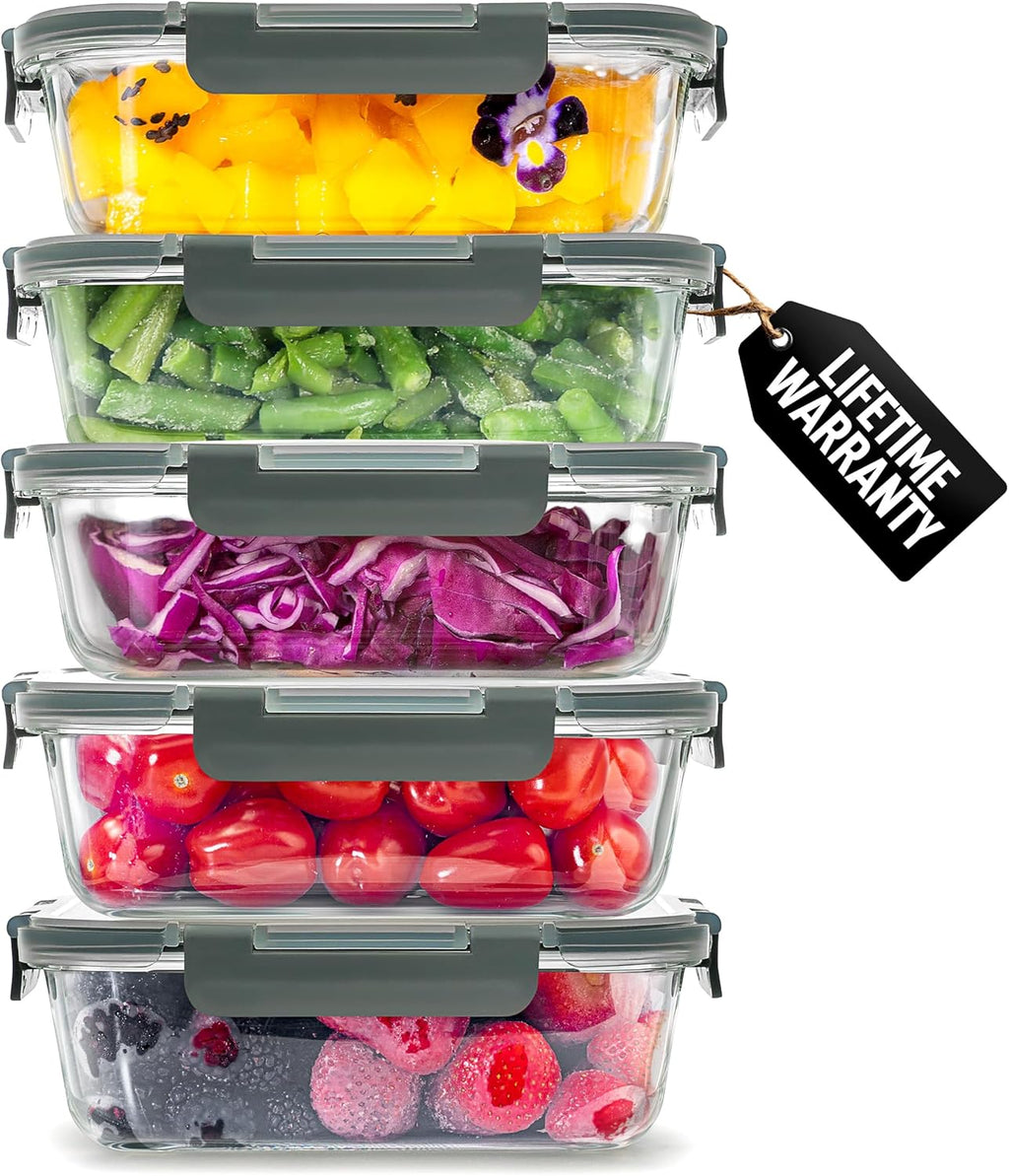 Zulay Kitchen 36oz Glass Tupperware Container Set - 5 Piece BPA-Free Borosilicate Storage | Leak-Proof & Oven Safe - Gray