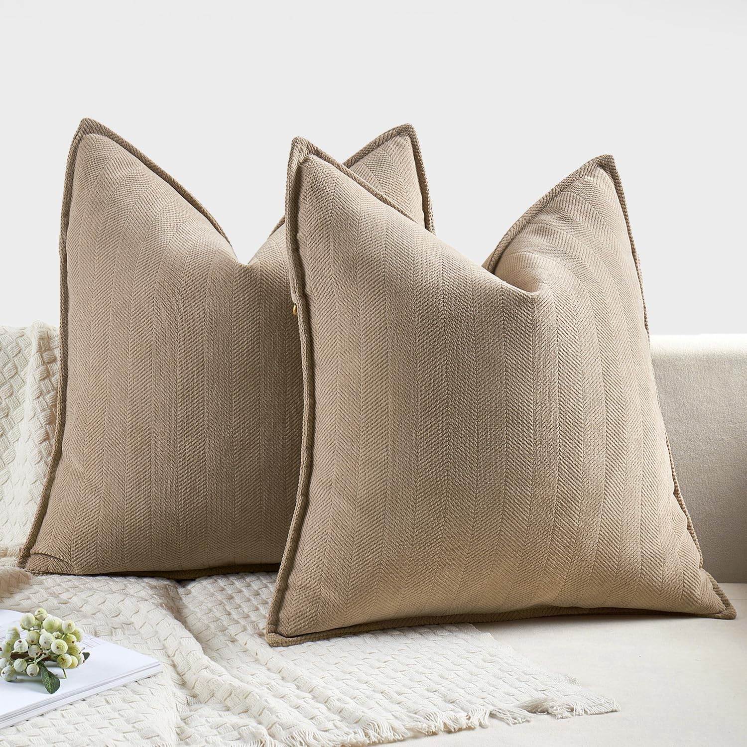 MIULEE Decorative Pillow Covers - Soft Chenille 20x20 Inch Khaki Cushions for Elegant Home Decor | Set of 2