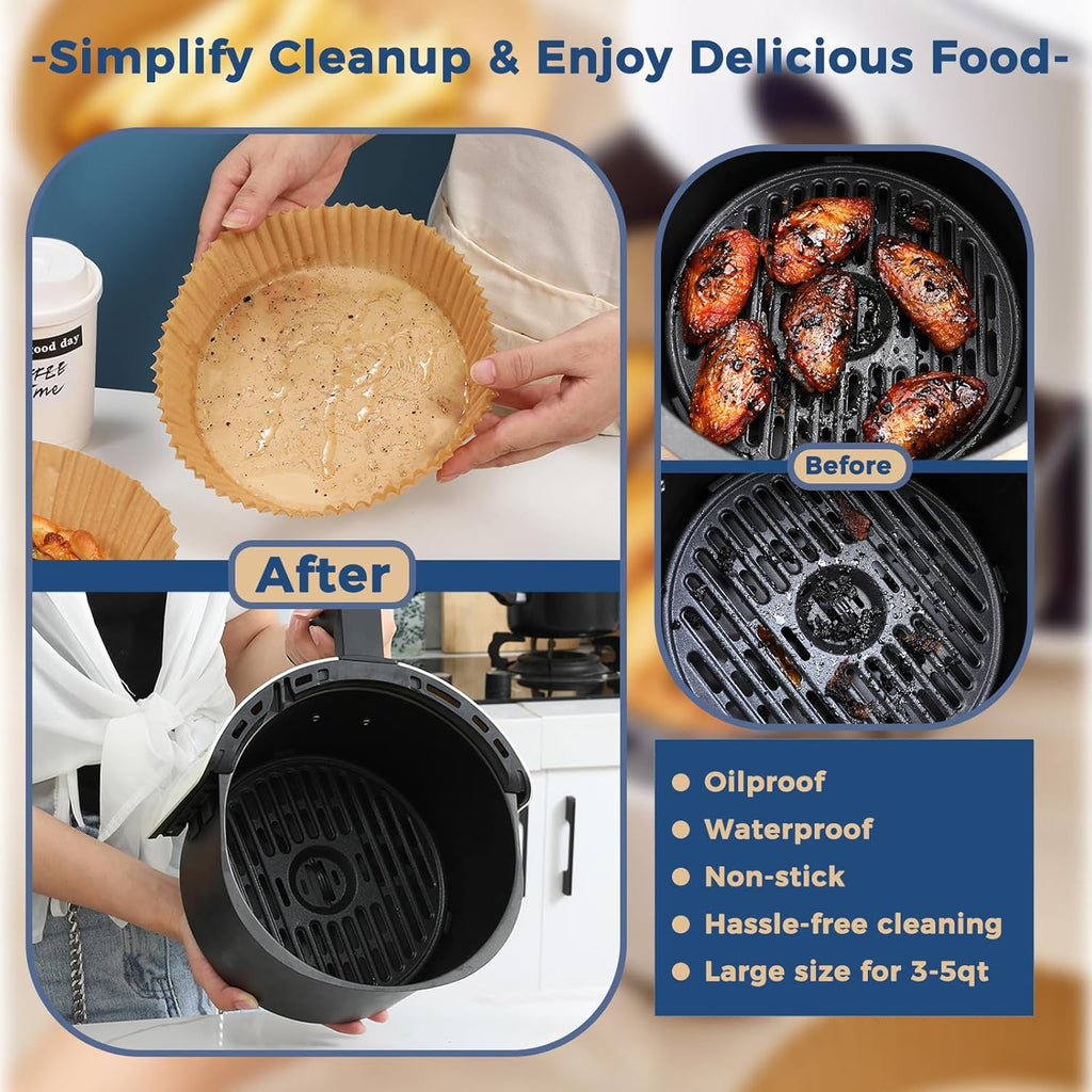 Skiennix Air Fryer Disposable Paper Liners - Non-Stick, Oil-Proof Parchment for 3-5QT Baskets | 100PCS, 6.5 Inch