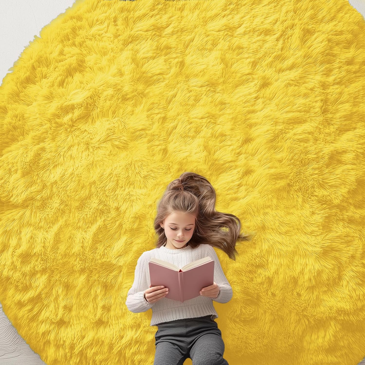 OLANLY Yellow Round Rug - Soft & Fluffy 9 ft Circle Area Rug for Bedroom, Living Room & Nursery Decor