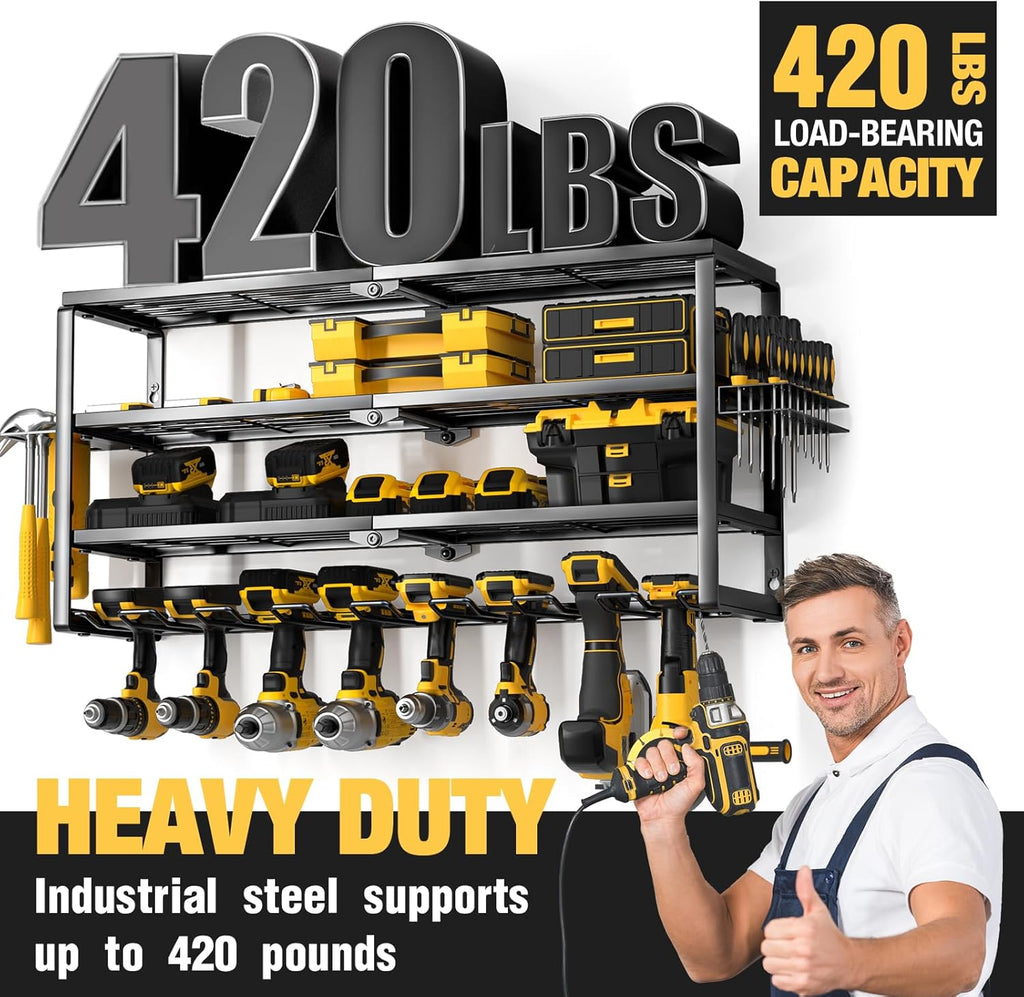 YYR Power Tool Organizer - 4 Layer Wall Mount Storage Rack with Charging Station | 32 Inch, 8 Slots for Garage & Workshop