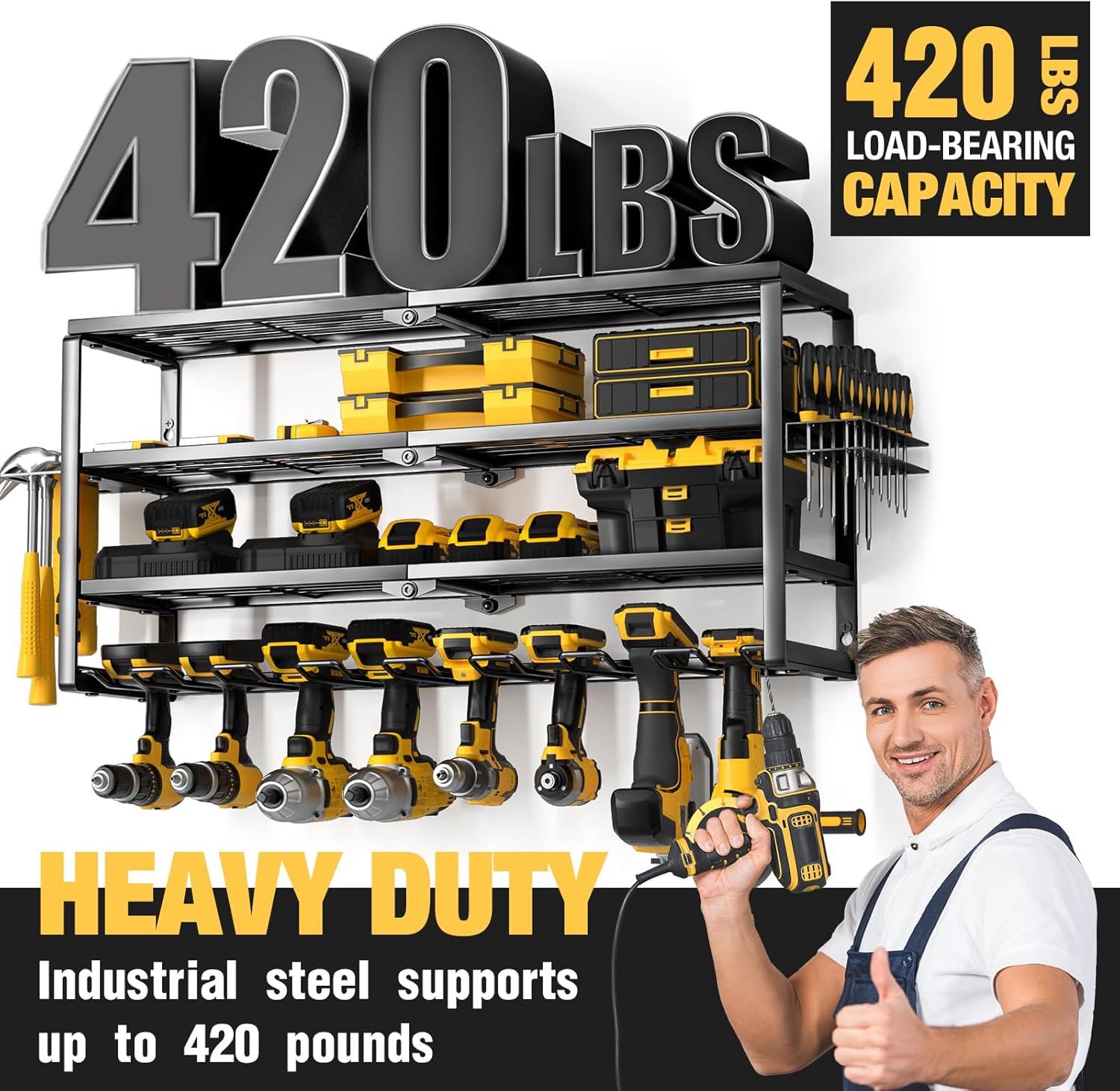 YYR Power Tool Organizer - 4 Layer Wall Mount Storage Rack with Charging Station | 32 Inch, 8 Slots for Garage & Workshop