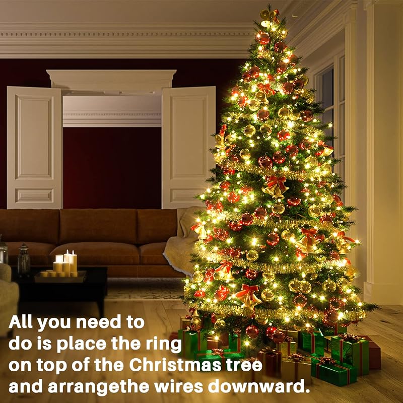 Warm White 8.2ft 16-Stream Cascading Christmas Tree Lights with Ring, 448 LEDs, Dimmable, 8 Modes, IP44 Plug-in